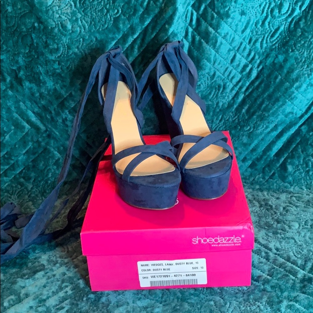 Blue suede wedge sandals
